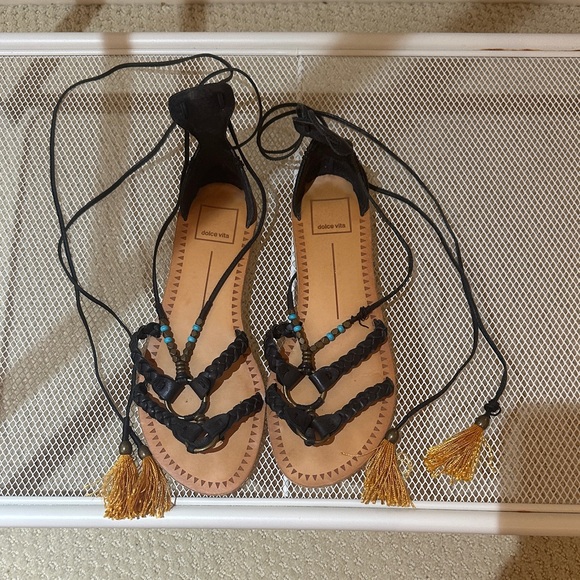Dolce Vita Black and Tan Sandals with Gold Tassels - Picture 1 of 6